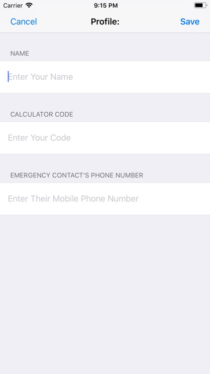 CalcuSaver's setup screen for entering a name, emergency code, and emergency contact's phone number